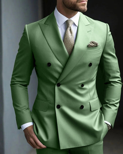 Mint green double breasted formal suit with notch lapels and black buttons