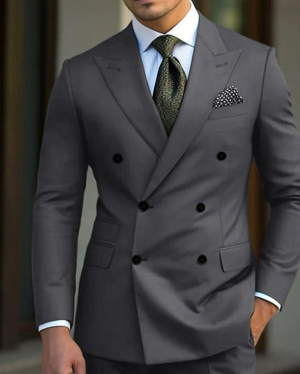 Charcoal gray double breasted notch lapel formal suit jacket front view