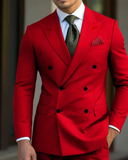 Red double breasted formal suit jacket with notch lapels and pocket details