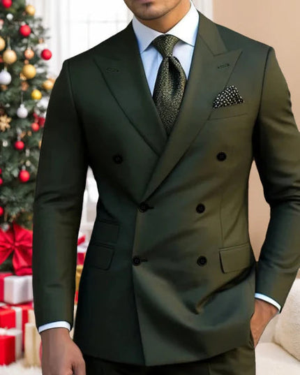 Olive green double breasted formal suit with notch lapels and matching pants