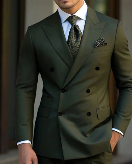 Olive green double breasted formal suit jacket with notch lapels and black buttons
