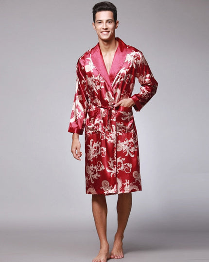 Men's Dragon Print Dressing Gown with Shawl Collar