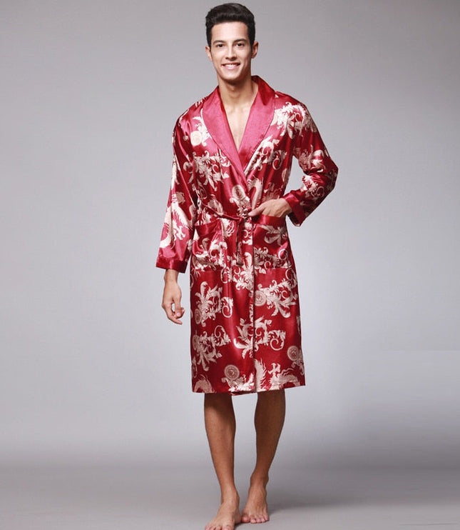 Men's Dragon Print Dressing Gown with Shawl Collar