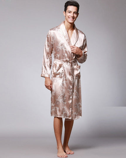 Men's Dragon Print Dressing Gown with Shawl Collar