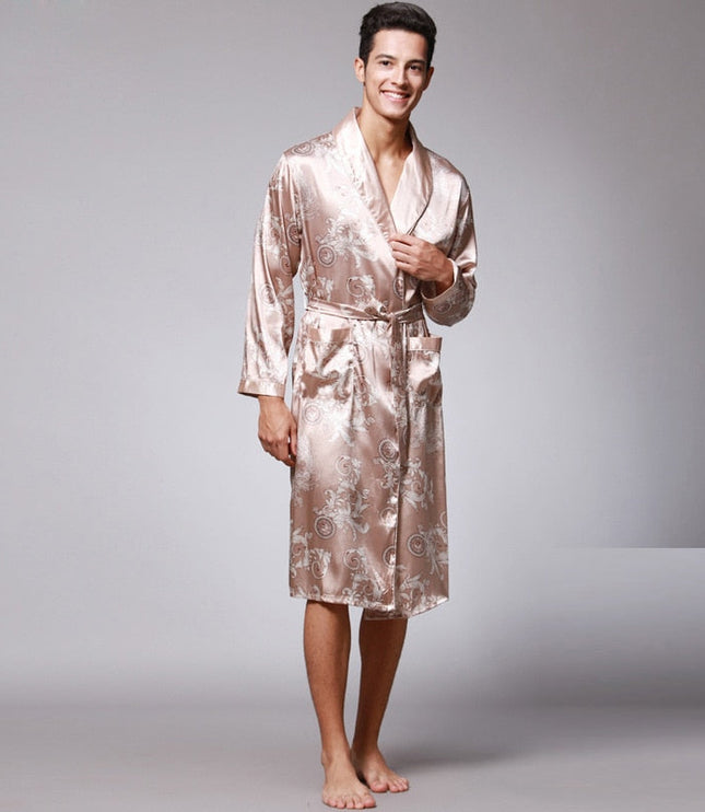 Men's Dragon Print Dressing Gown with Shawl Collar