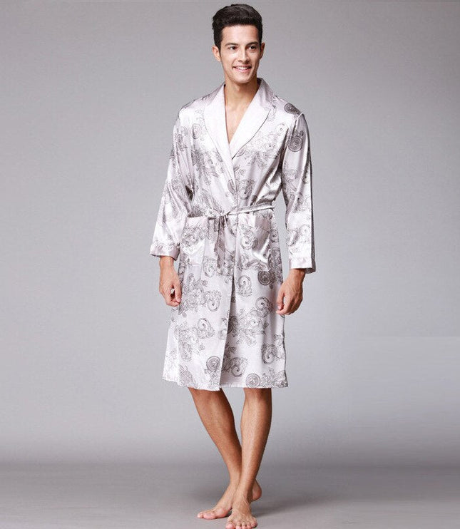 Men's Dragon Print Dressing Gown with Shawl Collar