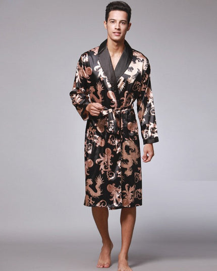 Men's Dragon Print Dressing Gown with Shawl Collar