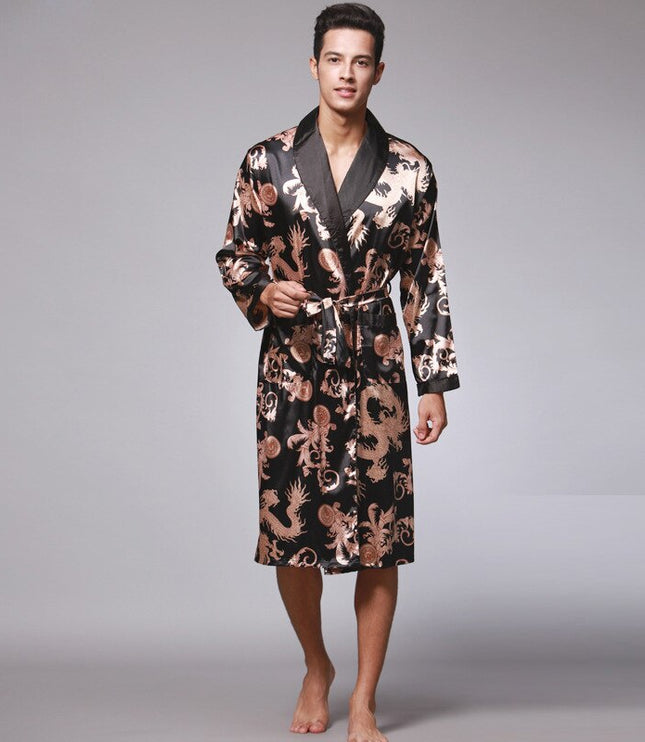 Men's Dragon Print Dressing Gown with Shawl Collar