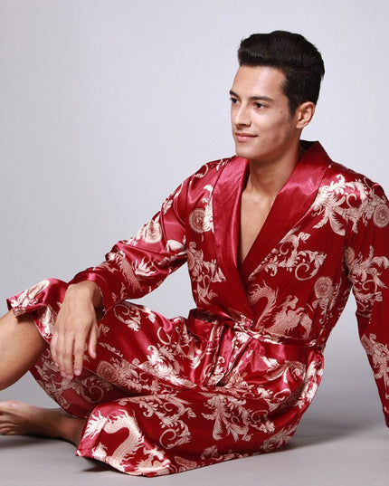 Men's Dragon Print Dressing Gown with Shawl Collar