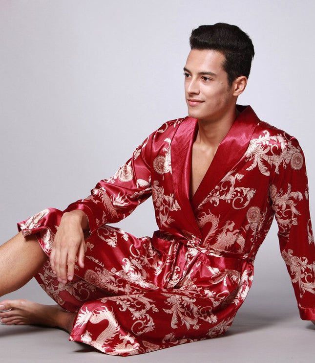 Men's Dragon Print Dressing Gown with Shawl Collar