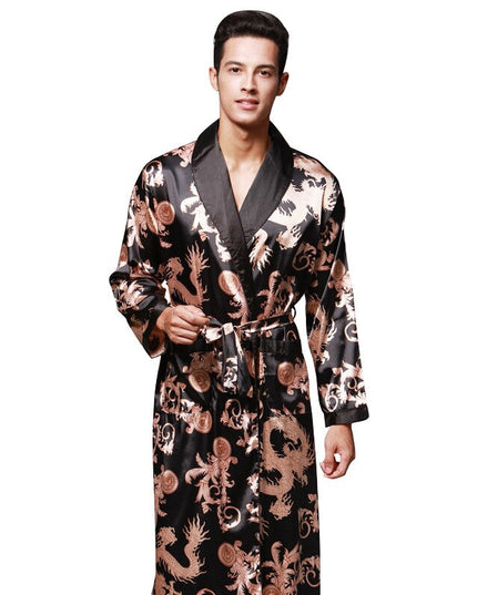 Men's Dragon Print Dressing Gown with Shawl Collar