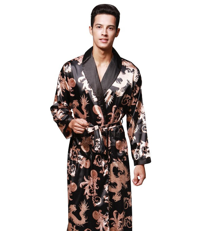 Men's Dragon Print Dressing Gown with Shawl Collar