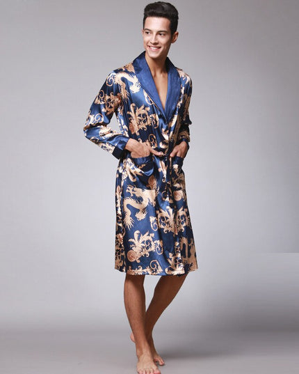 Men's Dragon Print Dressing Gown with Shawl Collar