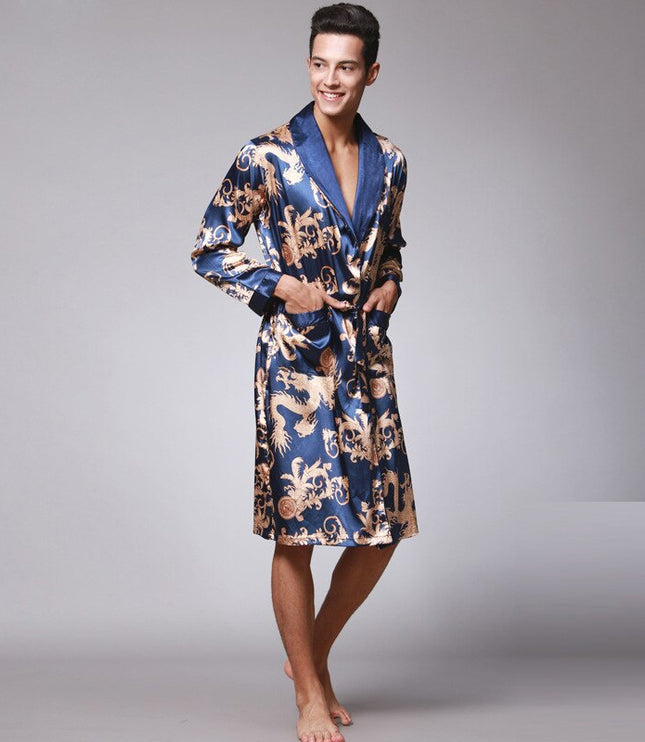 Men's Dragon Print Dressing Gown with Shawl Collar