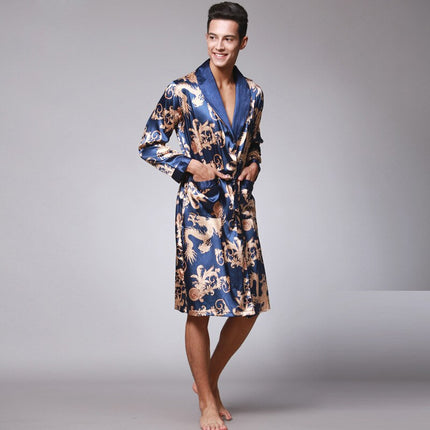 Men's Dragon Print Dressing Gown with Shawl Collar