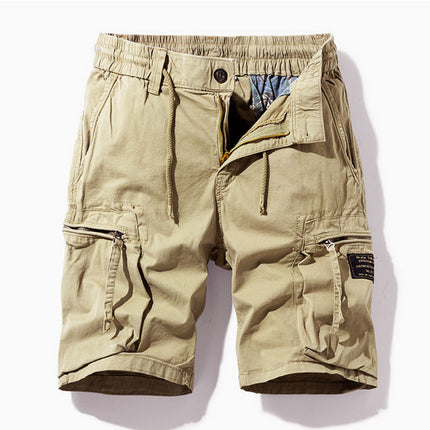 Beige cargo shorts flat lay showing drawstring, button closure, and cargo pocket details