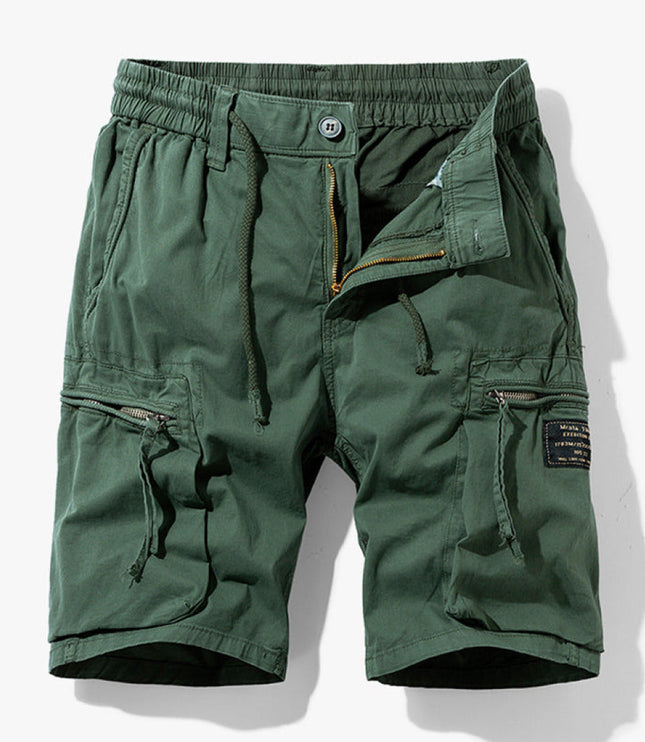 Olive green cargo shorts with drawstring elastic waist and zippered side pockets
