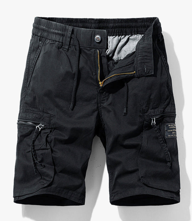 Black cargo shorts with drawstring and multiple utility pockets front view