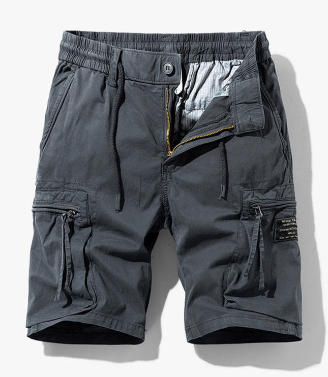 Dark gray cargo shorts with drawstring waistband and side cargo pockets detail