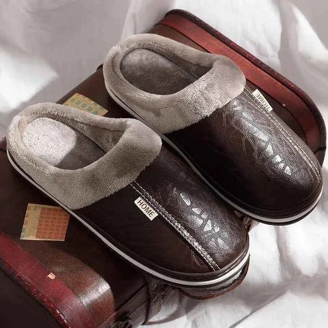 Men's Embossed Faux Leather Slippers with Plush Collar