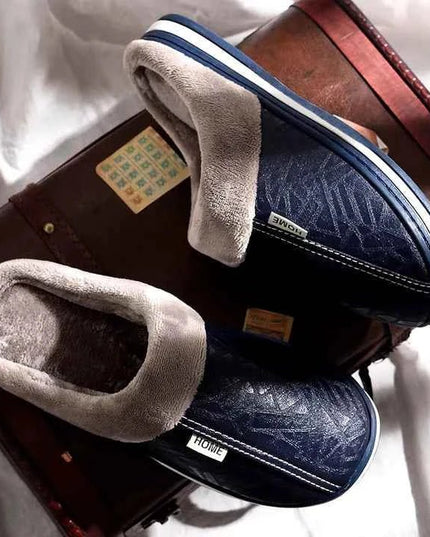Men's Embossed Faux Leather Slippers with Plush Collar