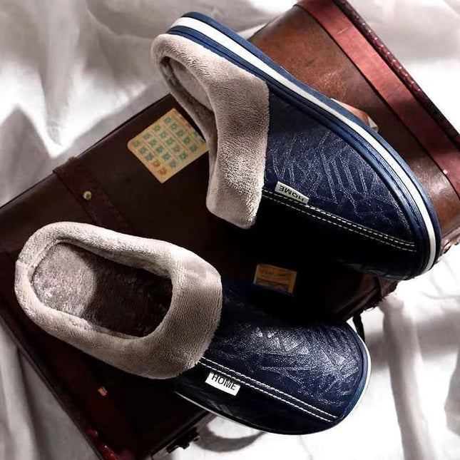 Men's Embossed Faux Leather Slippers with Plush Collar