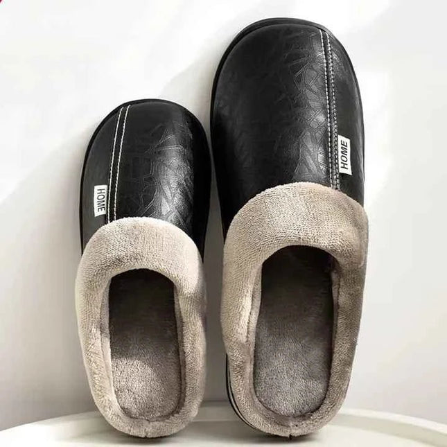 Men's Embossed Faux Leather Slippers with Plush Collar