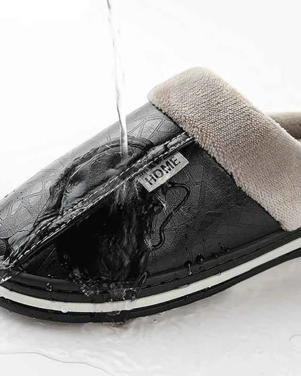 Men's Embossed Faux Leather Slippers with Plush Collar