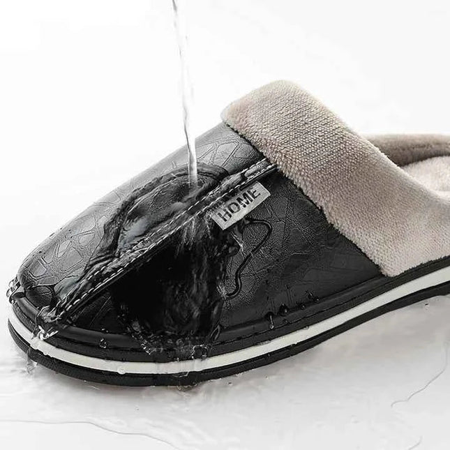 Men's Embossed Faux Leather Slippers with Plush Collar