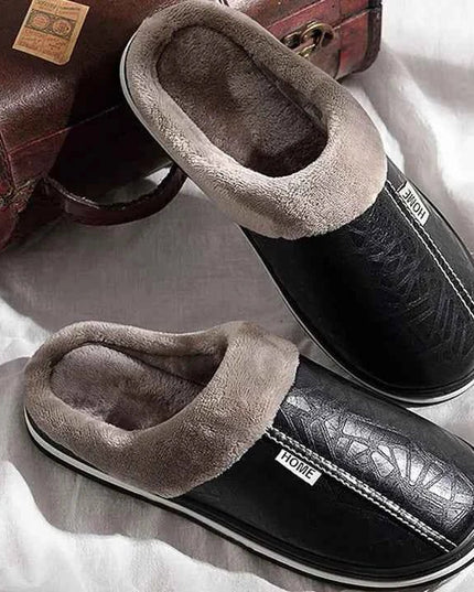 Men's Embossed Faux Leather Slippers with Plush Collar