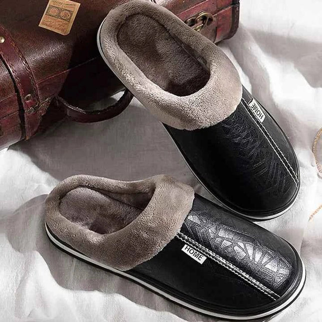 Men's Embossed Faux Leather Slippers with Plush Collar