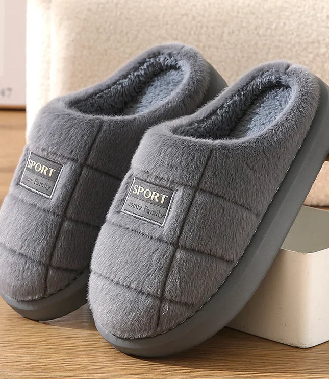 Men's Fluffy Mule Slippers with Grid Pattern