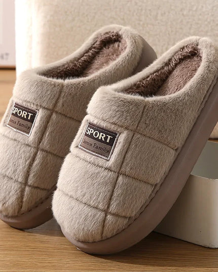 Men's Fluffy Mule Slippers with Grid Pattern