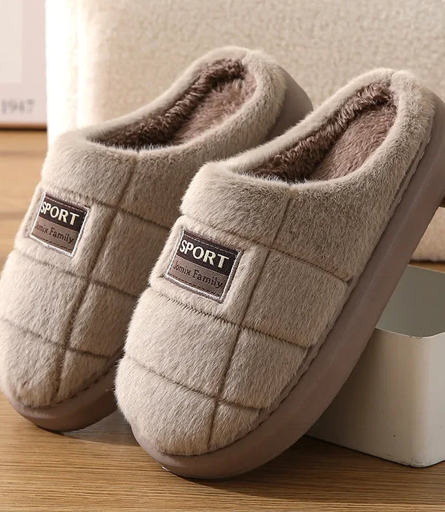 Men's Fluffy Mule Slippers with Grid Pattern