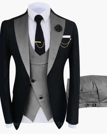Black jacket with gray double-breasted vest and gray dress pants formal suit