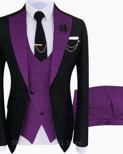 Black blazer with purple double-breasted vest and purple trousers formal suit