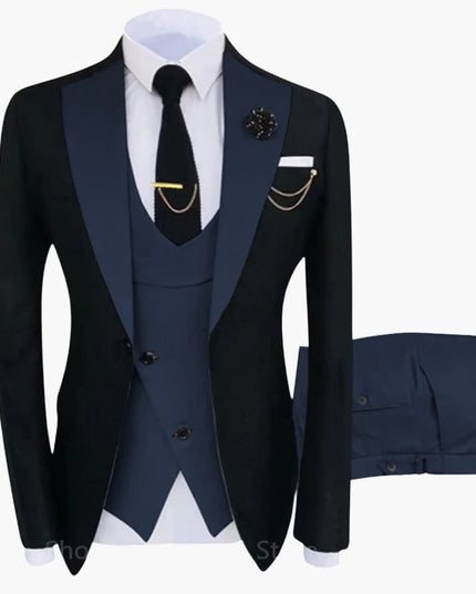 Black jacket with navy blue double-breasted vest and navy pants formal suit