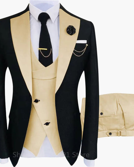 Black blazer with cream double-breasted vest and cream trousers formal suit