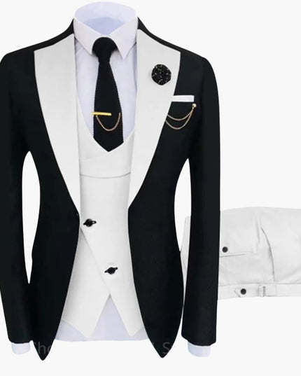 Black jacket with ivory double-breasted vest and white dress pants formal suit