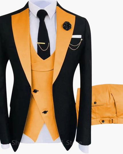 Black blazer with gold vest and matching trousers three-piece formal suit