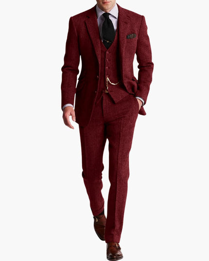 Burgundy tweed three-piece suit with matching vest