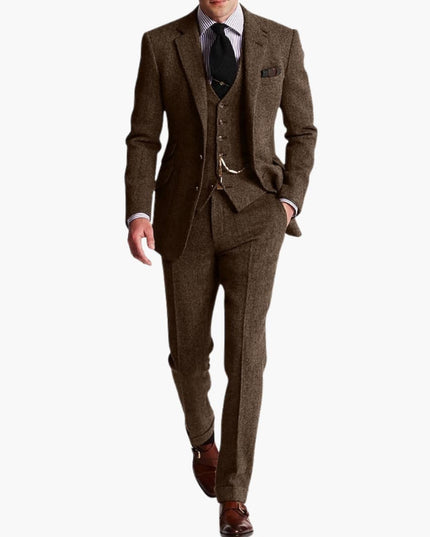 Brown tweed formal three-piece suit with notch lapels