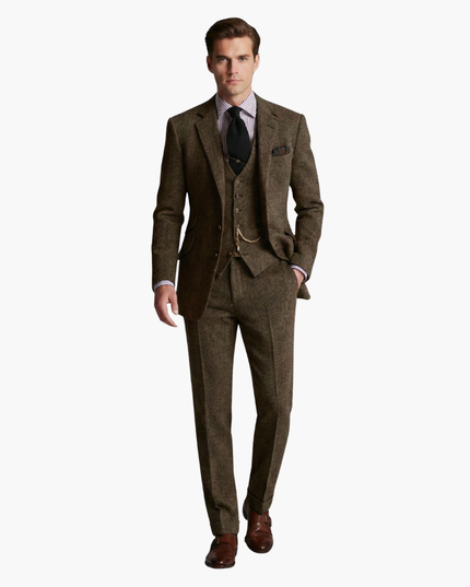 Olive brown tweed three-piece suit with vest and pocket chain
