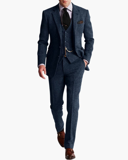 Navy blue tweed three-piece formal suit with vest