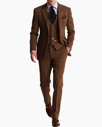Brown tweed three-piece suit with vest and chain detail