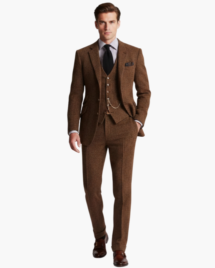 Brown tweed formal suit with matching vest and pocket chain