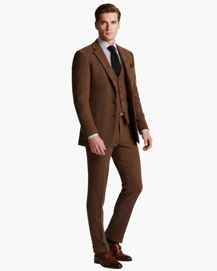 Brown tweed three-piece suit side profile view