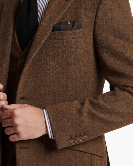 Close-up of brown tweed blazer pocket and lapel detail