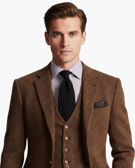 Brown tweed formal suit front portrait with vest visible