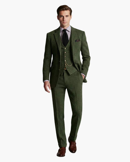 Green tweed formal suit full-length view with vest detail